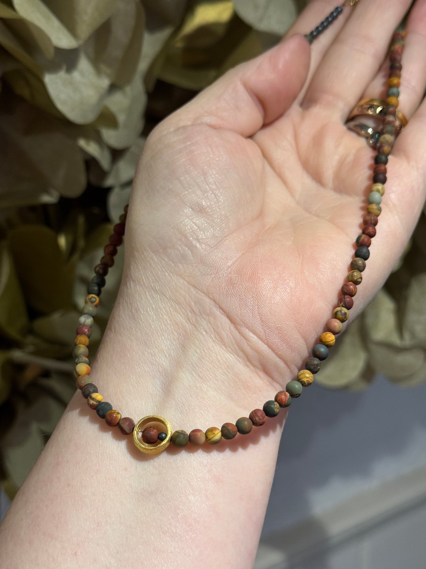 Matt Autumn Jasper 4mm round bead silver gilt necklace.