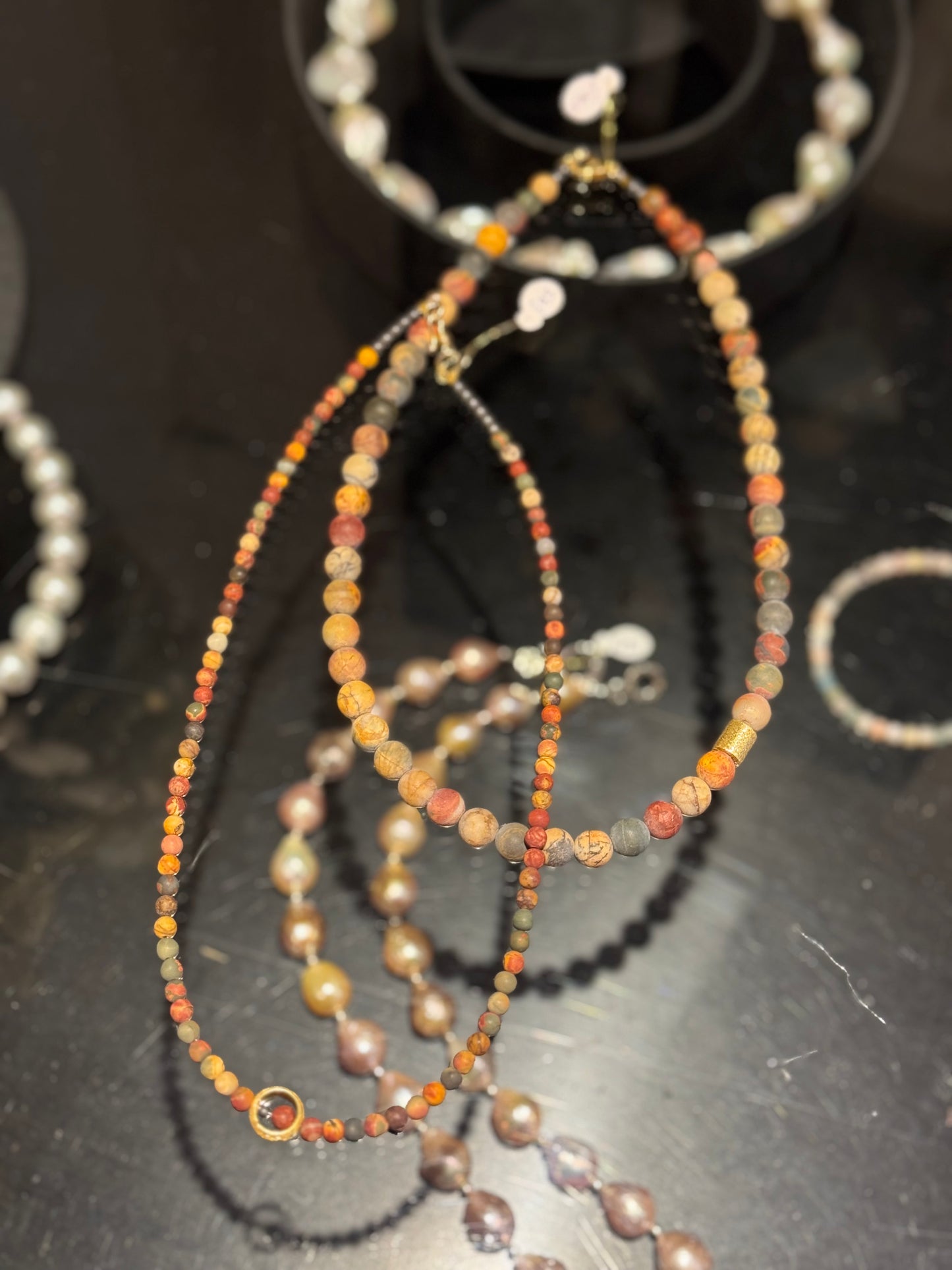 Matt Autumn Jasper 4mm round bead silver gilt necklace.