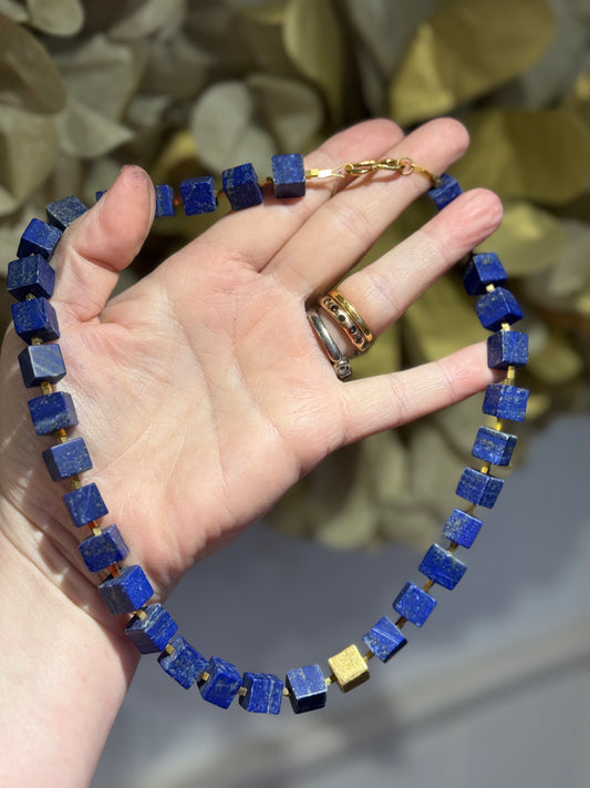 Lapis Lazuli silver-gilt  cube bead necklace.