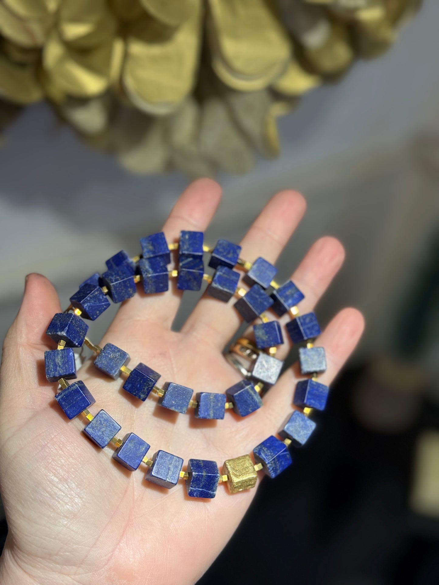 Lapis Lazuli silver-gilt  cube bead necklace.